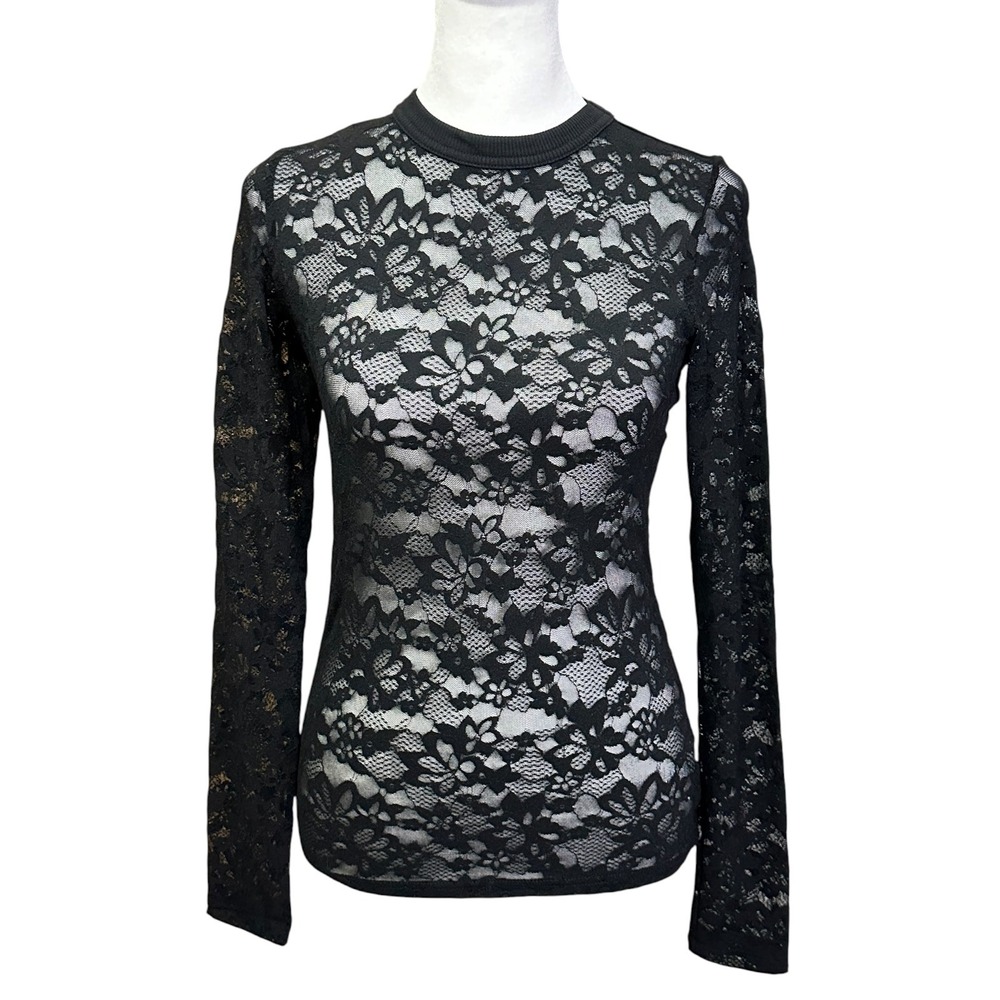 AERIE XS Black Floral Lace Sheer Long Sleeve Crew Neck Stretch Top Goth Coquette